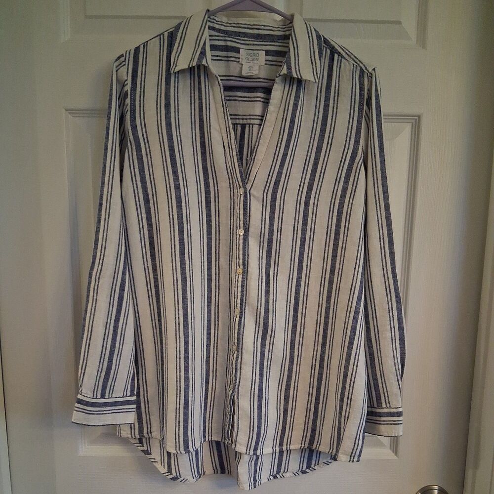 Sigrid Olsen linen white and blue shirt size Small collar v neck tab up sleeves